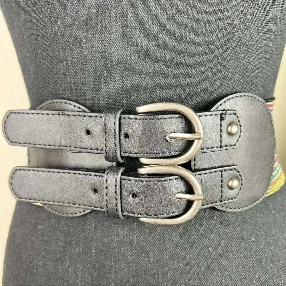 Women’s Wide Multicolored Elastic Vegan Leather Brushed Silver Tone Buckles Belt